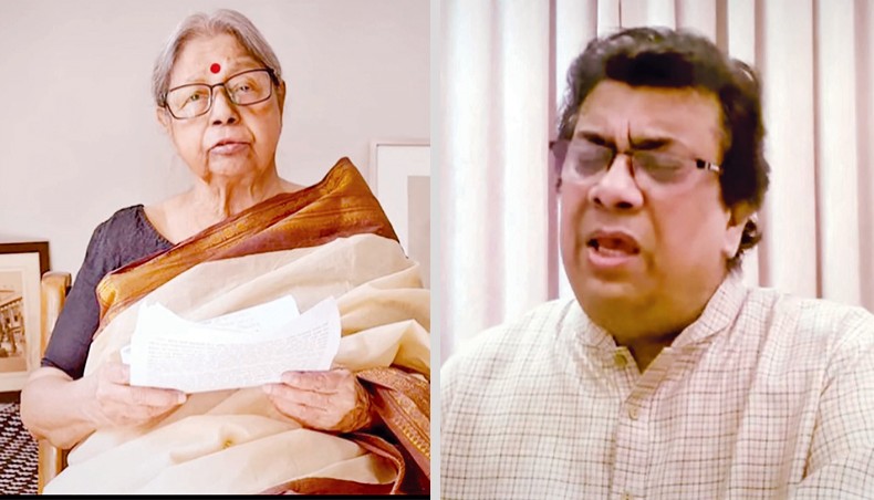 Chhayanaut president Sanjida Khatun, left, renowned Nazrul singer Khairul Anam Shakil participate in an online commemorative programme on Abul Hasnat on Friday.