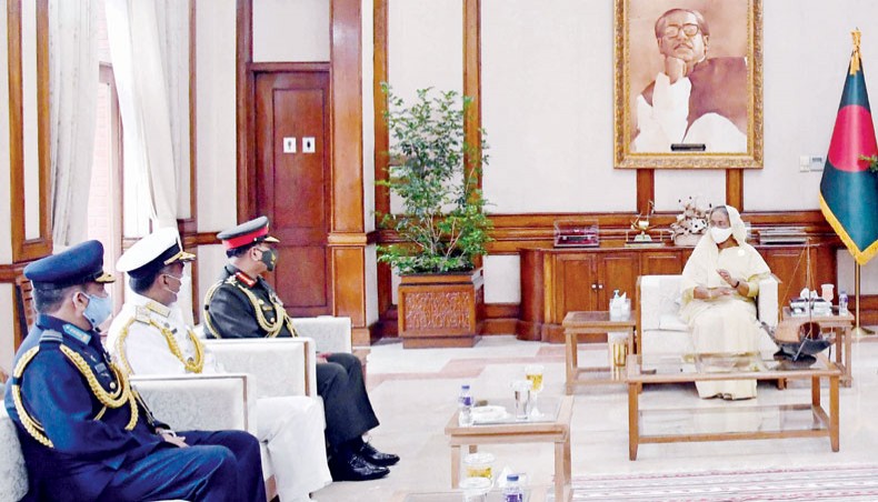 The chiefs of three services paid a courtesy call on prime minister Sheikh Hasina at Gono Bhaban in Dhaka on Saturday on the occasion of Armed Forces Day 2020. — Focus Bangla photo