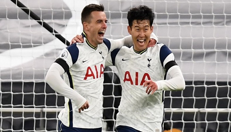 Tottenham Hotspur midfielder Giovani Lo Celso (L) celebrates after scoring his team’s second goal with team-mate Son Heung-Min (R) during their Premier League match against Manchester City at Tottenham Hotspur Stadium in London on Saturday. — AFP photo