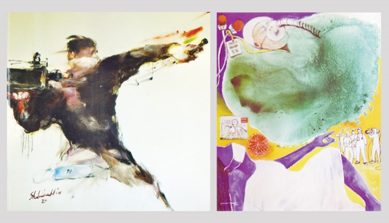 Paintings by Shahabuddin Ahmed, left, and Gulshan Hossain.