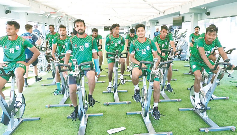 Bangladesh national team players do some cycling during a gym session in Doha on Tuesday. — BFF photo