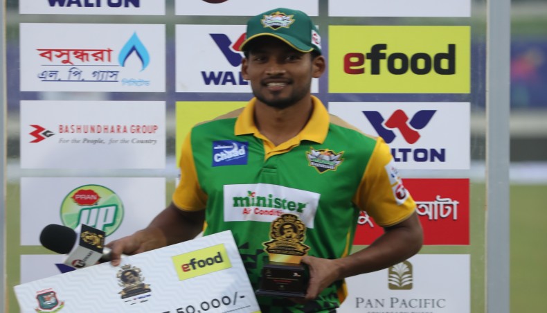 Minister Group Rajshahi captain Nazmul Hossain poses with the match of the match trophy after their win against Gemcon Khulna in their Bangabandhu Twenty20 match on Thursday. — BCB photo