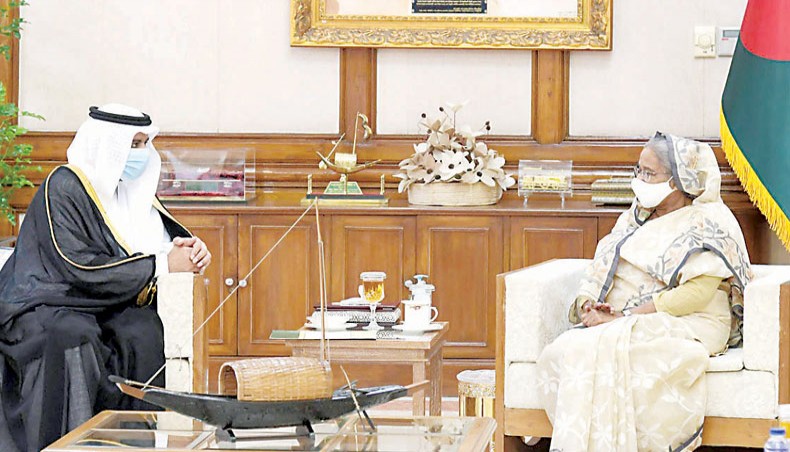 Prime minister Sheikh Hasina talks to Saudi Arabia’s ambassador to Bangladesh Essa Bin Yousef Al-Duhailan as he pays a courtesy call on her at Gano Bhaban in Dhaka on Thursday.— Focus Bangla photo
