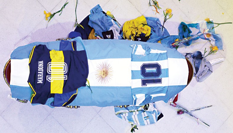 This handout picture released on Thursday by Argentine Presidency press office shows the coffin of football legend Diego Maradona at Casa Rosada, Buenos Aires. — AFP photo