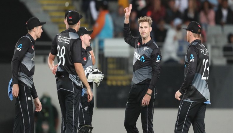 New Zealand pacer Lockie Ferguson (C) celebrates his fifth wicket against West Indies during their first Twenty20 international match at Eden Park in Auckland on Friday. — AFP photo