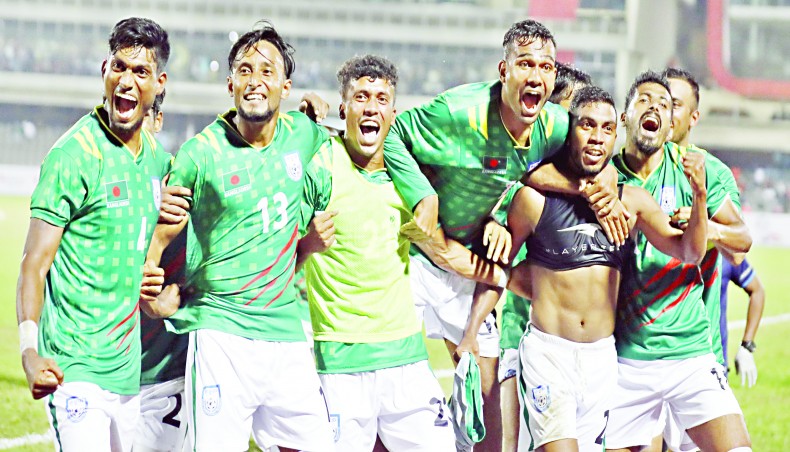A file photo from November 13, 2020 shows Bangladesh national football team players celebrating their second goal against Nepal during their international friendly match at the Bangabandhu National Stadium. -- New Age photo