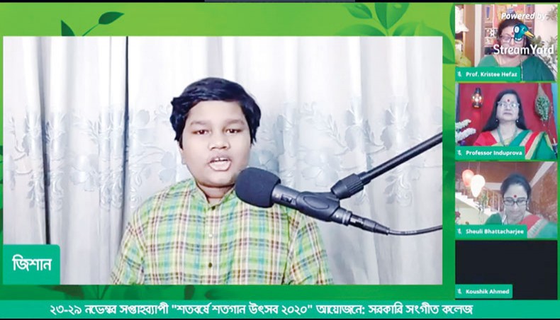A child artiste performs a song about Mujib in an online music show organised by Government Music College marking the birth centenary of the country’s founding president Sheikh Mujibur Rahman on Thursday.