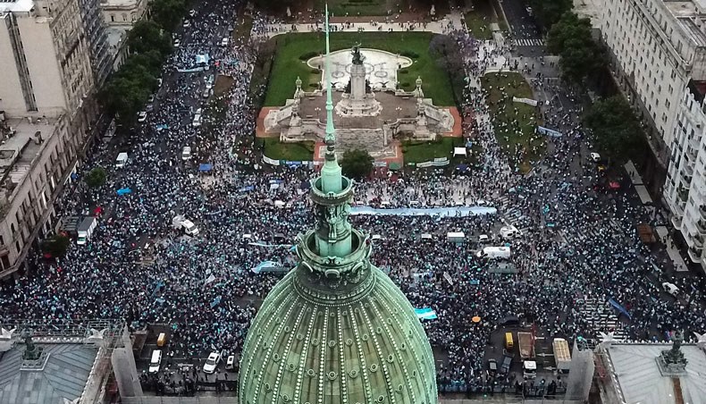 Aerial view of anti-abortion activists demonstrating against the bill to legalise abortion presented by Argentinian president Alberto Fernandez outside Argentinian Congress in Buenos Aires, on November 28, 2020. — AFP photo
