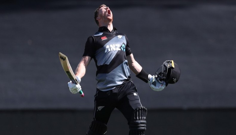 New Zealand’s Glenn Phillips celebrates his century during their second Twenty20 International match against West Indies at the Bay Oval in Mount Maunganui on Sunday. — AFP photo
