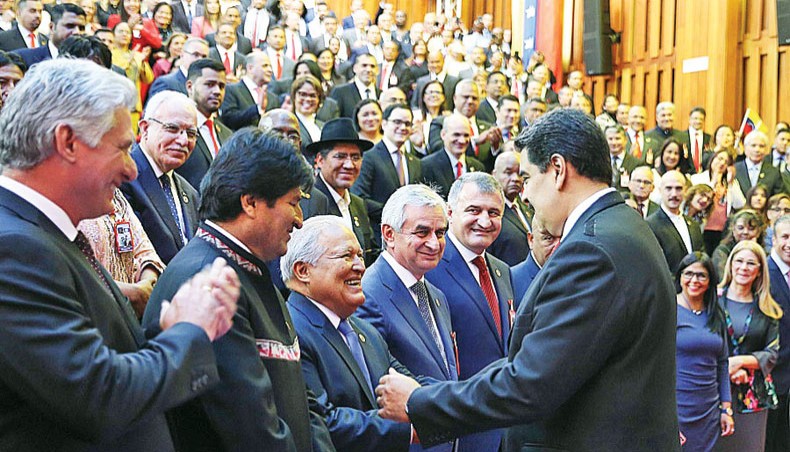 Foreign leaders greet Nicolás Maduro at his second inauguration on January 10, 2019. — Counter Punch/Presidencia El Salvador
