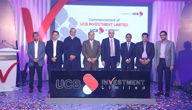 Participants pose for a photo session at the inaugural ceremony of the UCB Investment Limited at a Dhaka on Sunday. — Press Release Photo