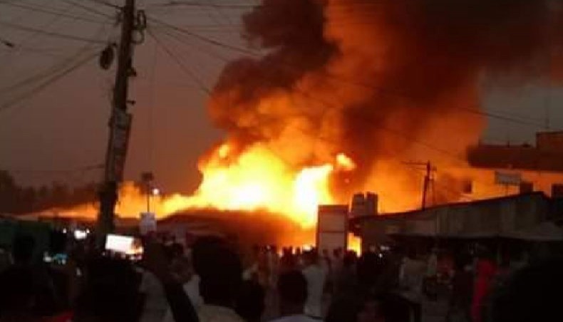 At least 100 shops are burnt in a fire incident in Gazipur on Monday. — UNB Photo