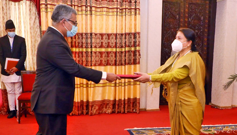 newly-appointed Bangladesh ambassador to Nepal Salauddin Noman Chowdhury presents his letter of credence Nepal president Bidya Devi Bhandari on Thursday. - Press Release photo