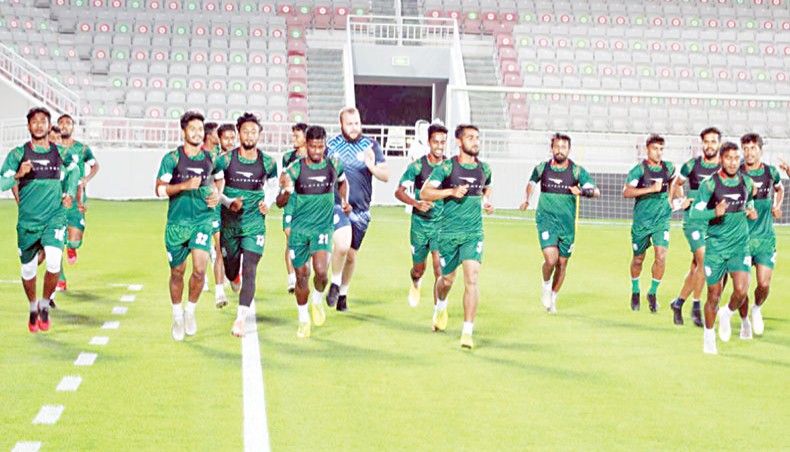 Bangladesh national team players attend a training session at the Abdullah bin Khalifa Stadium in Doha on Thursday.— BFF photo