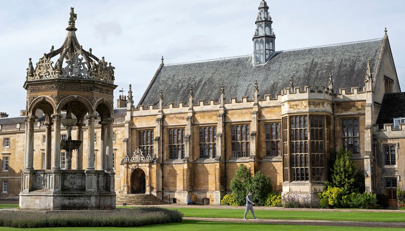 In this file photo taken on October 14, 2020, a fountain and the hall is pictured in Great Court at Trinity College, part of the University of Cambridge, in Cambridge, east England on October 14, 2020. — AFP photo
