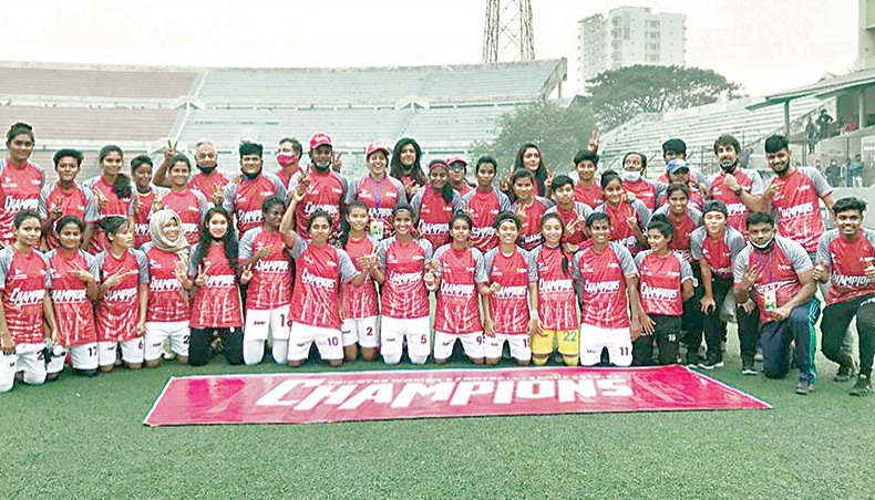 Bashundhara Kings players celebrate after winning the Bangladesh Women’s Football League title at the Bir Shrestha Shaheed Sipahi Mohammad Mostafa Kamal Stadium in Kamalapur on Sunday. — BFF photo
