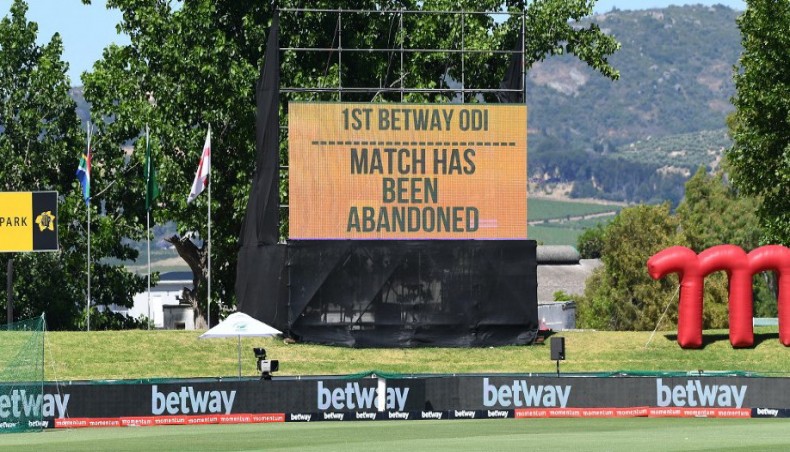 A general view of a screen announcing that the first one-day international match between South Africa and England has been abandoned at Boland Park stadium in Paarl on December 6, 2020. — AFP photo