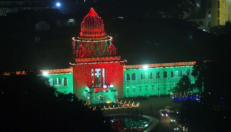 The Supreme Court building is illuminated with twinkle lights on the occasion of Victory Day. The photo was taken on Tuesday. — Sony Ramany