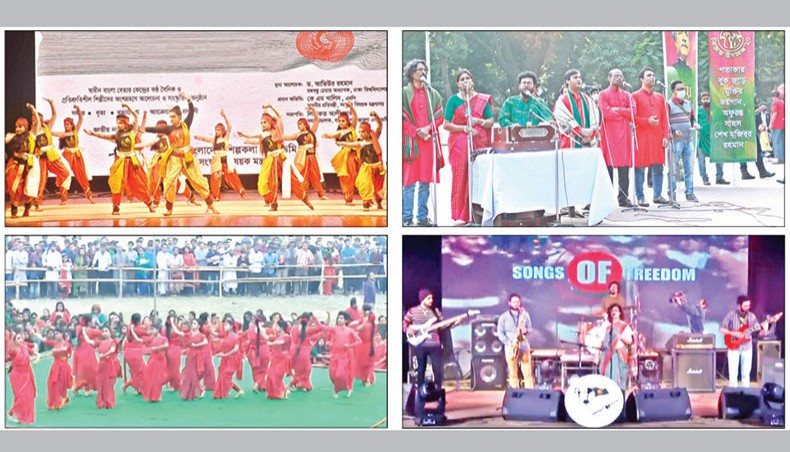 Clockwise from top-left: Artistes present a dance recital at a programme organised by Bangladesh Shilpakala Academy, Sammilita Sangskritik Jote holds a cultural show at Central Shaheed Minar, Liberation War Museum streams a programme on its Facebook page and Chhayanaut arranges an online programme celebrating Victory Day on Wednesday. — Sourav Lasker/ press release