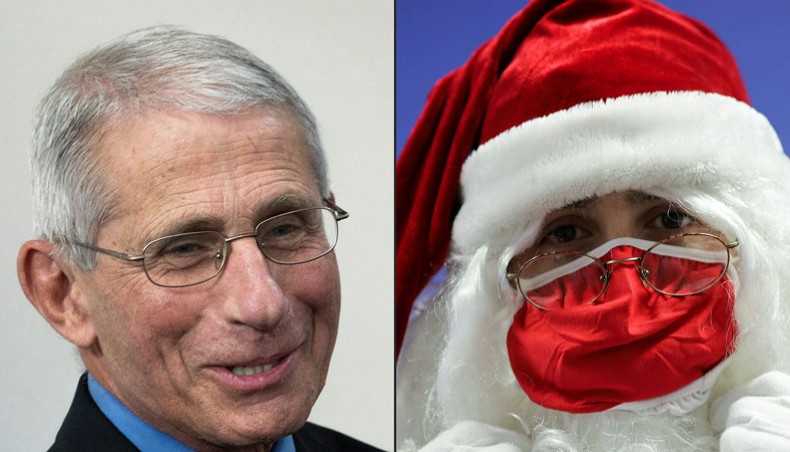 This combination of pictures created on December 19, 2020 shows
director of the National Institute of Allergy and Infectious Diseases Anthony Fauci at the White House on April 9, 2020, in Washington, DC and a man dressed as Santa Claus wearing a red face mask in Libourne, France, on December 10, 2020. -- AFP photo
