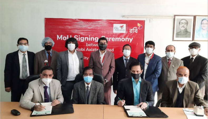 The authorities of the City University and mobile operator Robi Axiata on Tuesday sign an agreement on ensuring a lower-cost internet facility for the university students on its permanent campus in Birulia, Savar. — Press Release