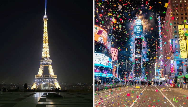 A combo picture shows the illuminated Eiffel Tower during the New Year's Eve and an empty Times Square in New York City on January 1, 2021. – AFP photos