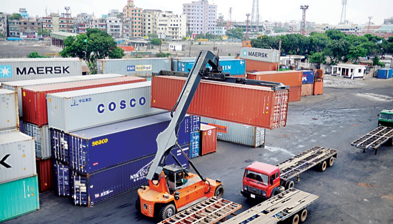 A file photo shows a crane loading containers at Kamalapur in Dhaka. The Bangladesh Garment Manufacturers and Exporters Association is going to start automation of Utilisation Declaration issuance on January 16 to bring efficiency and transparency in the process.— New Age photo