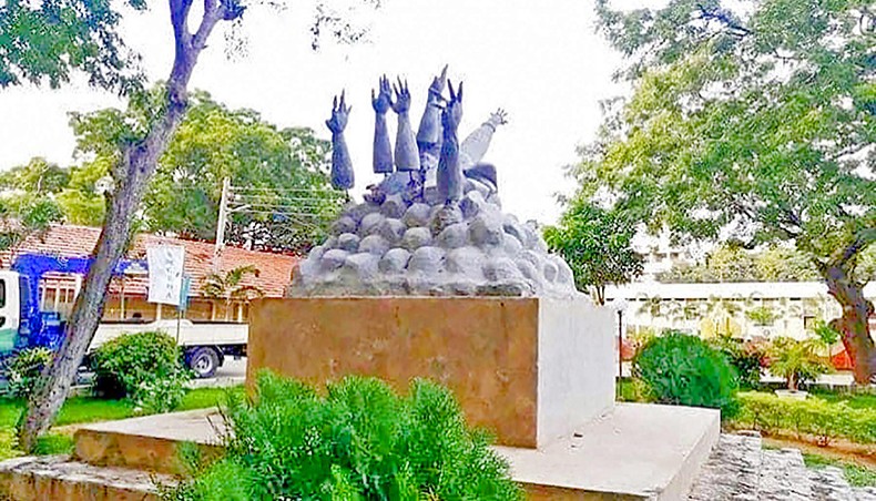 An undated photograph received on January 11 shows a general view of a war memorial in the Jaffna University before it was demolished in Jaffna. — Agence France-Presse