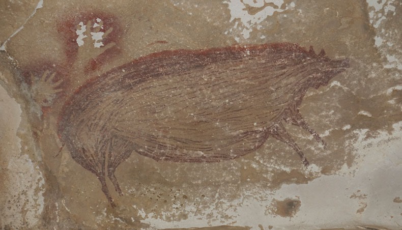 This undated hand-out photo shows a dated pig painting at Leang Tedongnge in Sulawesi, Indonesia. — AFP photo