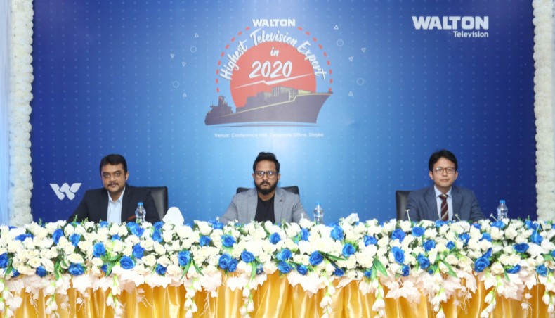 The top officials of Walton attend a celebration programme titled ‘Highest Television Export in 2020’ at its corporate office in Dhaka on Thursday. — Press Release