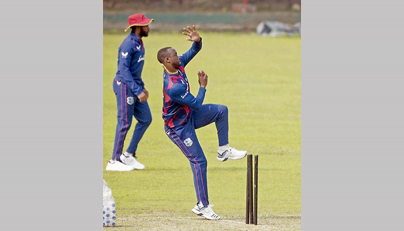 West Indies pacer Kemar Roach bowls during a training session at the National Cricket Academy Ground in Mirpur on Friday. — AFP photo