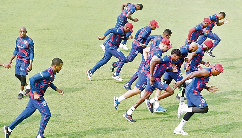 West Indies’ players attend a practice session at the National Cricket Academy Ground in Mirpur on Friday. — AFP photo
