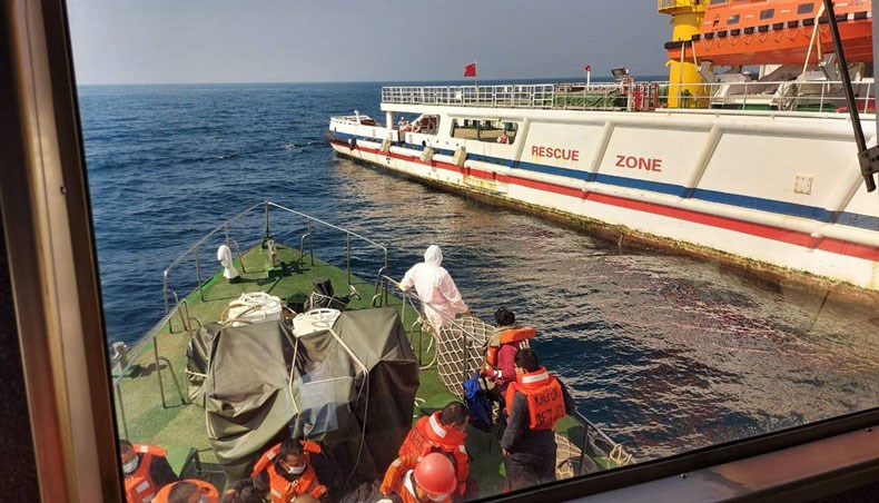 A Taiwanese fishing trawler has rescued 22 crewmen including eight Bangladeshi from a Panamanian freighter that had caught fire in the Philippine Sea.- photo courtesy Focus Taiwan