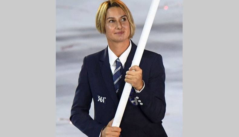 In this file photo taken on August 5, 2016 Greece's flagbearer Sofia Bekatorou leads her delegation during the opening ceremony of the Rio 2016 Olympic Games at the Maracana stadium in Rio de Janeiro. -- AFP photo