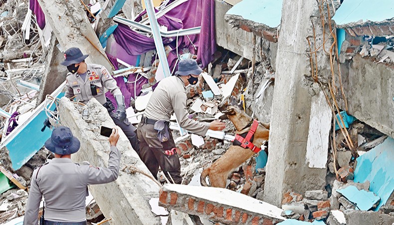 Police from a K-9 unit guide their dog to sniff out anyone trapped under the rubble at Mitra Manakarra hospital in Mamuju on Sunday, which was badly damaged in the 6.2 magnitude earthquake on January 15. — AFP photo