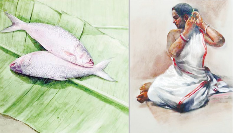 Artworks by Anisuzzaman, left, and Aloptogin Tushar.