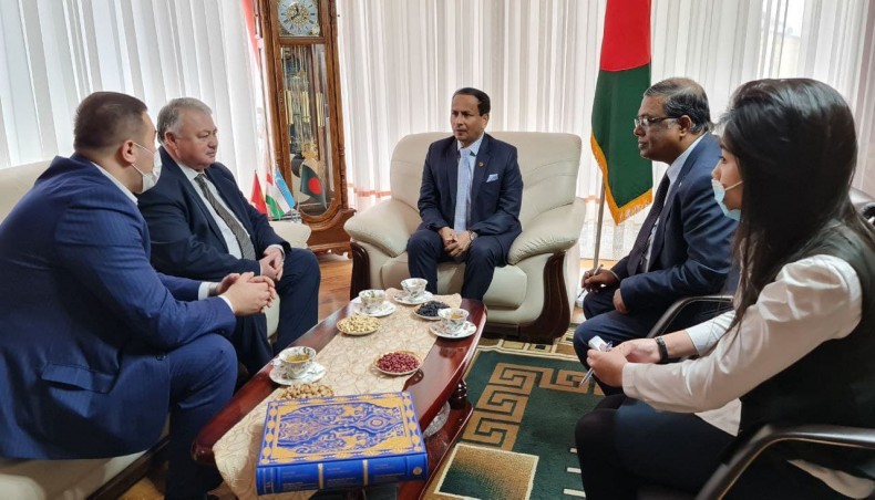 Bangladesh ambassador to Uzbekistan Md Zahangir Alam holds a meeting with adviser to chairman of the board of ERIELL company for the Middle East and also former ambassador of Uzbekistan to Iran Ilkhom Akramov and deputy director of Enter Engineering Pte Ltd Jahangir Nazrullaev Zakirjanovich on Wednesday at the Bangladesh embassy in Tashkent.- Press Release photo