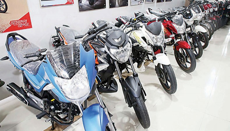 A file photo shows motorcycles on display at a showroom at Bangla Motors in the capital, Dhaka. The Bangladesh Trade and Tariff Commission has recommended the commerce ministry to gradually withdraw the restriction on import and production of motorcycles with higher engine capacity, measured in cubic centimetre, to flourish the domestic and export market.— New Age photo