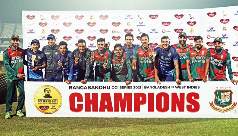 Bangladesh cricketers celebrate after winning the one-day international series against West Indies at the Zahur Ahmed Chowdhury Stadium in Chattogram on Monday. — BCB photo