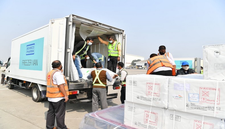 The first consignment of Oxford-AstraZeneca COVID-19 vaccine purchased by Bangladesh from Serum Institute of India reaches Dhaka on Monday.- New Age photo