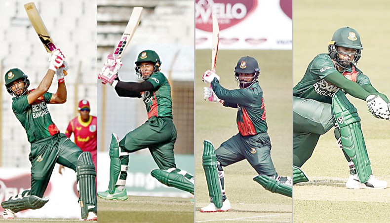 Bangladesh batsmen (from L-R) Mahmudullah, Mushfiqur Rahim, Tamim Iqbal and Shakib Al Hasan in action during their third and final one-day international match against West Indies at the Zahur Ahmed Chowdhury Stadium in Chattogram on Monday. — BCB/AFP photos