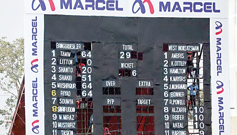 The scoreboard shows the Bangladesh innings during their third and final one-day international match against West Indies in Chattogram on Monday. — BCB photo