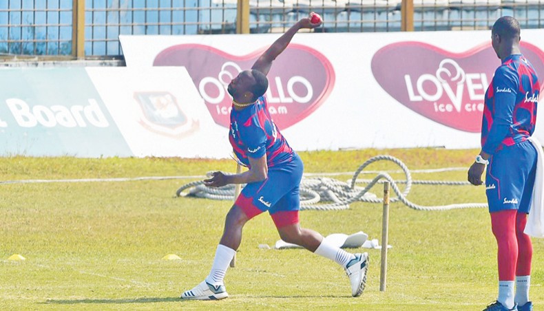 West Indies Pacer Kemar Roach bowls during a training session at the Zahur Ahmed Chowdhury Stadium in Chattogram on Tuesday. — AFP photo