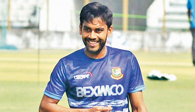 A file photo shows Bangladesh spinner Mehidy Hasan laughing during a training session at Sher-e-Bangla National Stadium. — BCB photo