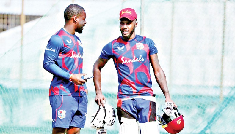 A file photo shows West Indies Test team vice-captain Jermaine Blackwood (R) sharing some thoughts with a team member during a training session in Chattogram. — BCB photo