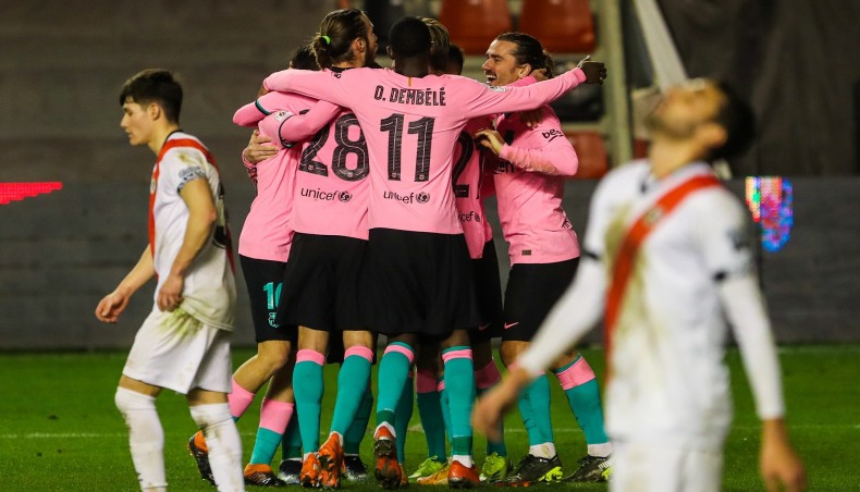Barcelona players celebrate after defeating Rayo Vallecano in their Cope del Rey match in Vallecano on Wednesday.-- Twitter photo