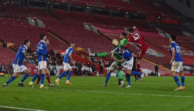 Brighton's Spanish goalkeeper Robert Sanchez makes a save during their English Premier League football match against Liverpool at Anfield in Liverpool, north west England on February 3, 2021. Brighton won the match 1-0.- AFP photo