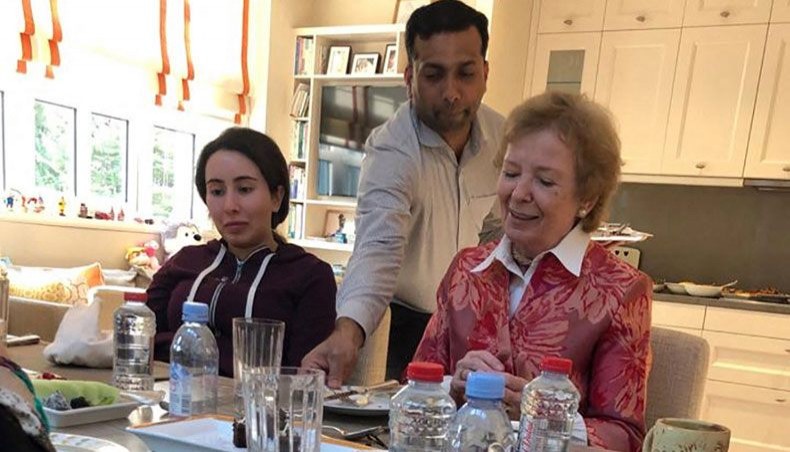 This file handout photo provided by United Arab Emirates news agency on December 24, 2018 shows Sheikha Latifa bint Mohammed bin Rashid al-Maktoum having a meal with Mary Robinson, former president of Ireland, at the Latifa's home in Dubai. -- AFP photo
