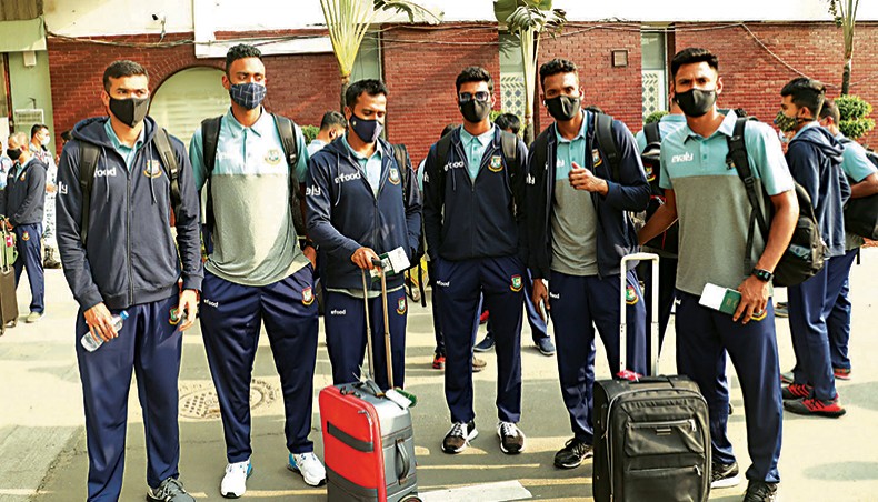 A group of Bangladesh cricket team players are seen prior to their departure for New Zealand at the Hazrat Shahjalal International Airport on Tuesday. — BCB photo