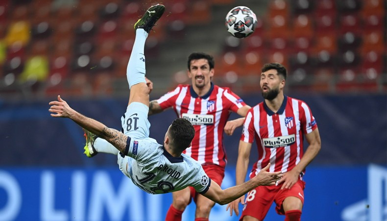 Chelsea striker Olivier Giroud (L) scores against Atletico Madrid with an overhead kick during their UEFA Champions League round of 16 first leg match at the Arena Nationala stadium in Bucharest on Tuesday. — Twitter photo